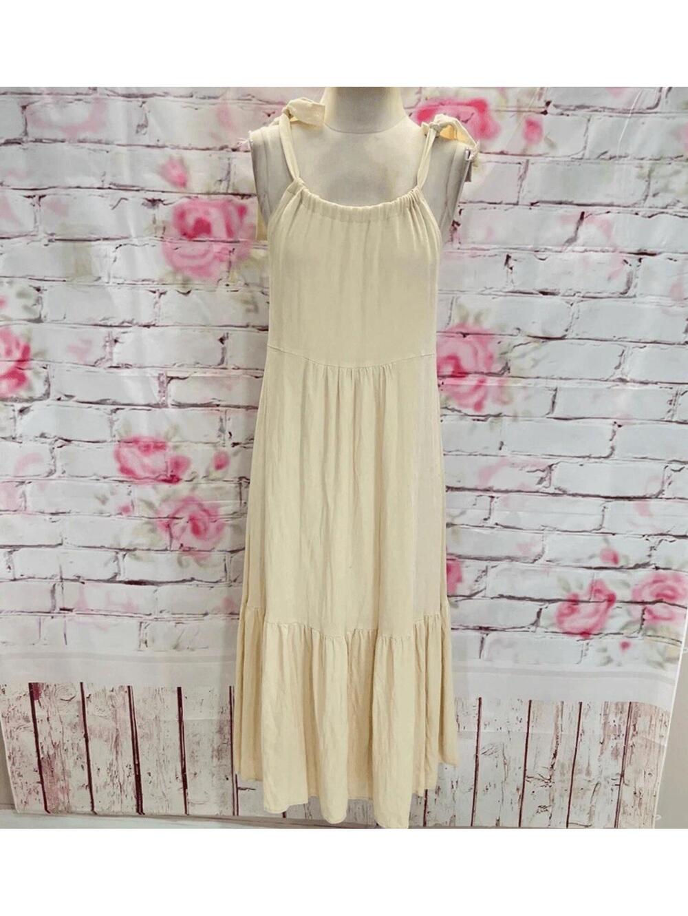 Lulus Women's Sleeveless Tie Ribbon Shoulder Ruffled Cream Maxi Dress Size XS